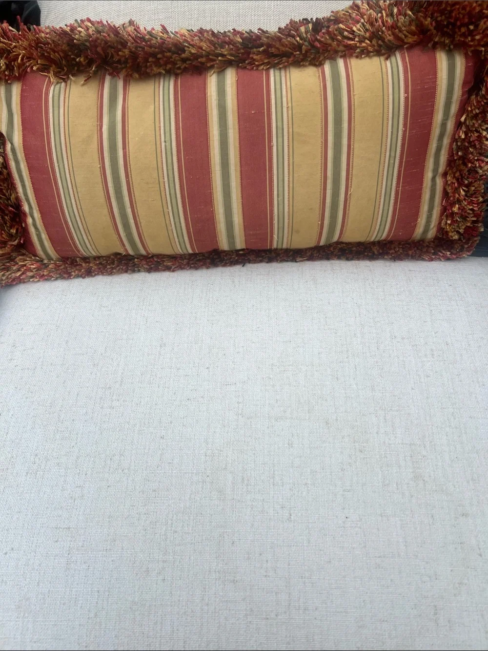 Custom Stripped Silk Claret, Green and Gold Decorative Pillow With Fringe